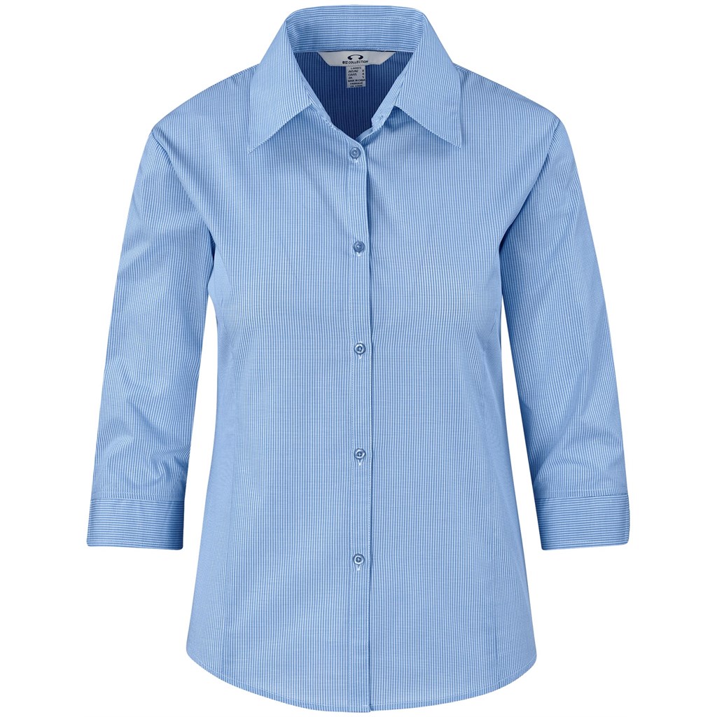 Ladies 3/4 Sleeve Micro Check Shirt - Light Blue